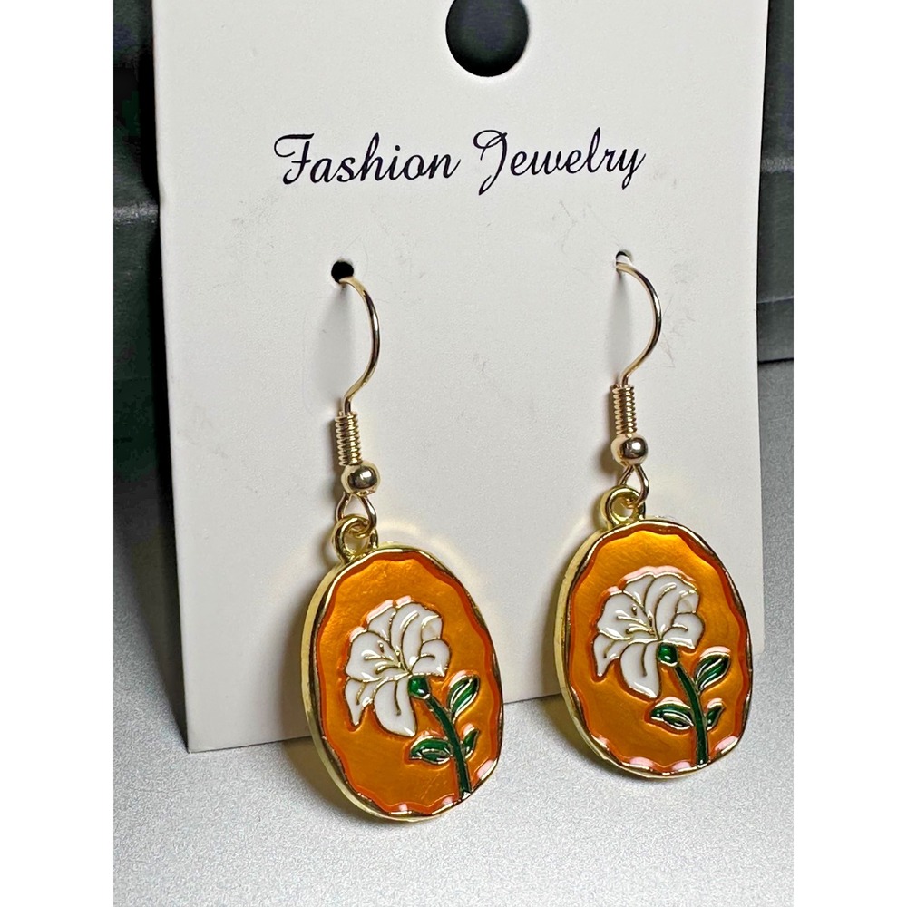 Vintage French Floral Gold‎ Enamel Drop Dangle Bohemian Fashion Earring Set